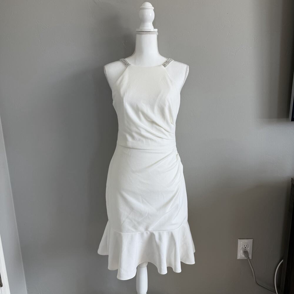 Betsy & Adam Woman’s Sz 6 White Mermaid Dress Silver Beaded Straps Cinched Waist